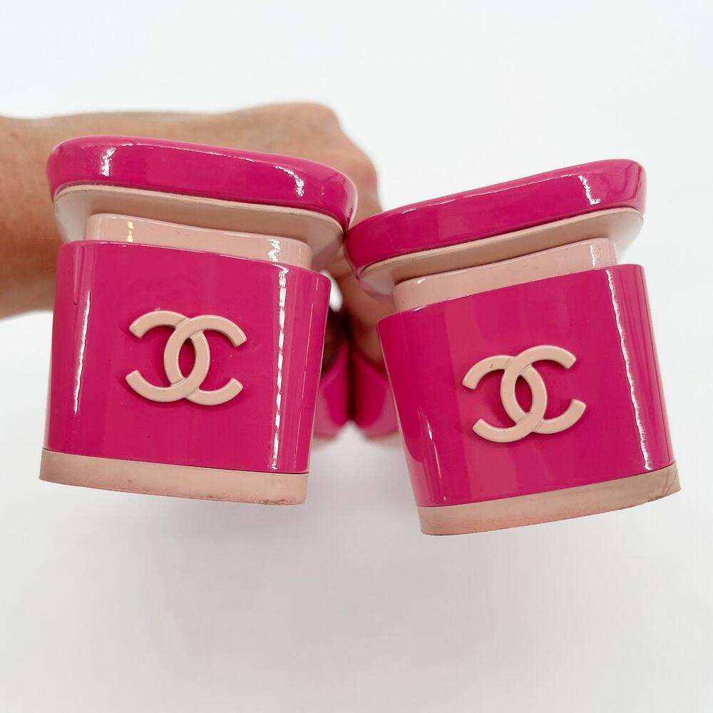 Chanel 2022 Pink Patent Calfskin CC Logo Low Block Heel Mules Sandals EU 38.5 - Picture 13 of 16